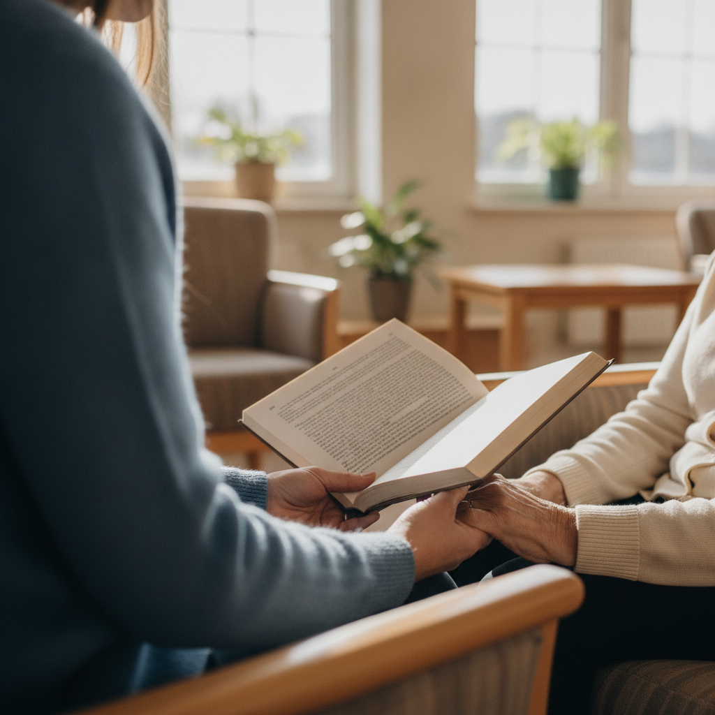 a volunteer reading a book to a senior, just show the body and don't include faces