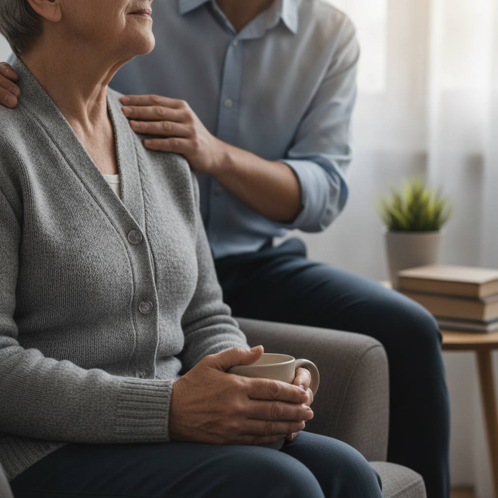 a caregiver doing senior care to a senior, just show the body and don't include faces, focus on the senior
