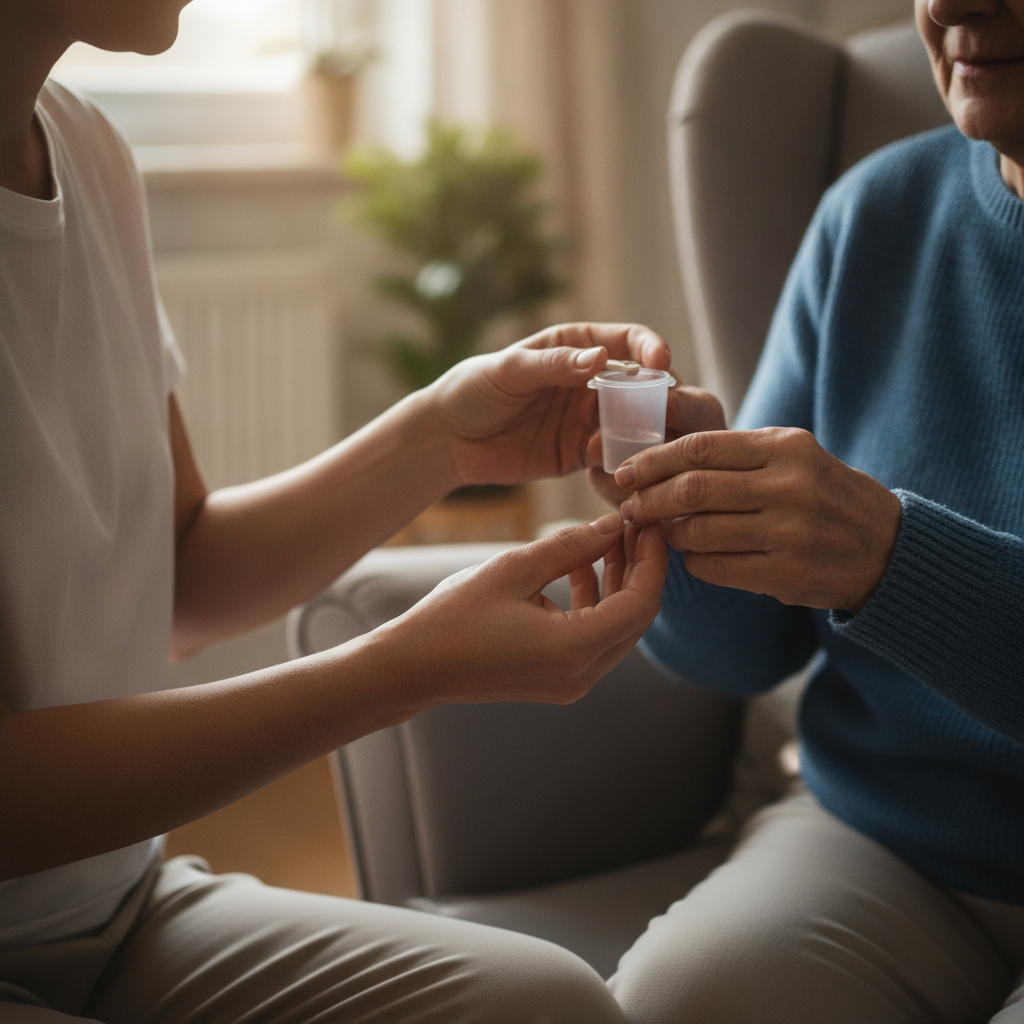 a volunteer giving medicine to a senior, just show the body and don't include faces, focus on the senior